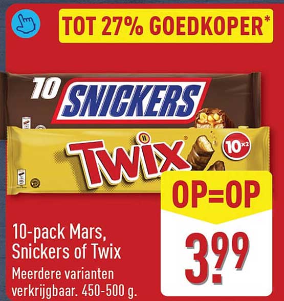 10-pack Mars, Snickers of Twix Meerdere varianten verkrijgbaar. 450-500 g. OP=OP