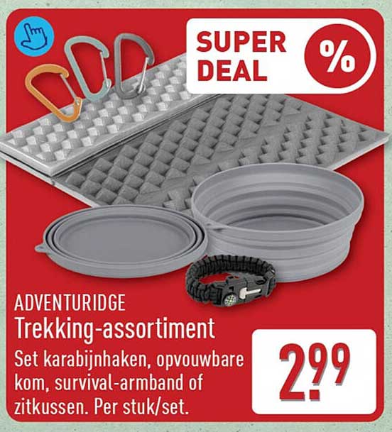 ADVENTURIDGE Trekking-assortiment Set karabijnhaken, opvouwbare kom, survival-armband of zitkussen. Per stuk/set. SUPER DEAL