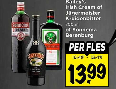 Bailey's Irish Cream of Jägermeister kruidenbitter 700 ml of Sonnema Berenburg PER FLES