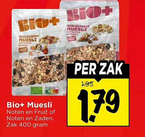 Bio+ Muesli Noten en Fruit of Noten en Zaden. Zak 400 gram PER ZAK