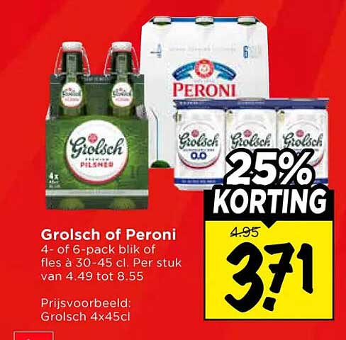Grolsch of Peroni 4- of 6-pack blik of fles a 30-45 cl. Per stuk van 4.95 25% KORTING