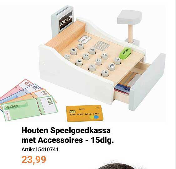 Houten Speelgoedkassa met Accessoires - 15dlg.