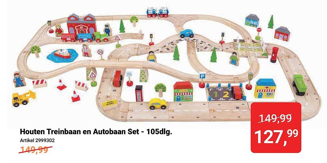 Houten Treinbaan en Autobaan Set - 105dlg.