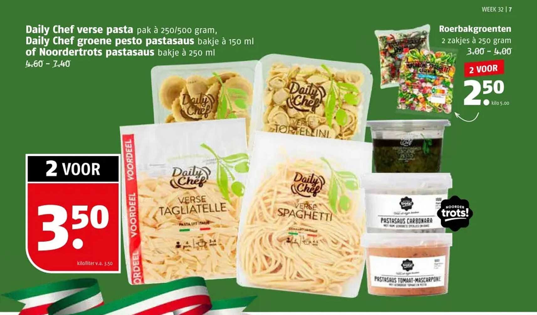 2 VOOR Daily Chef verse pasta pak à 250/500 gram en Daily Chef groene pesto pastasaus bakje à 150 ml