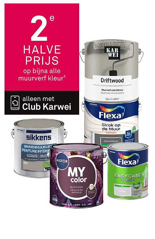 2e HALVE PRIJS op bijna alle muurverf kleur