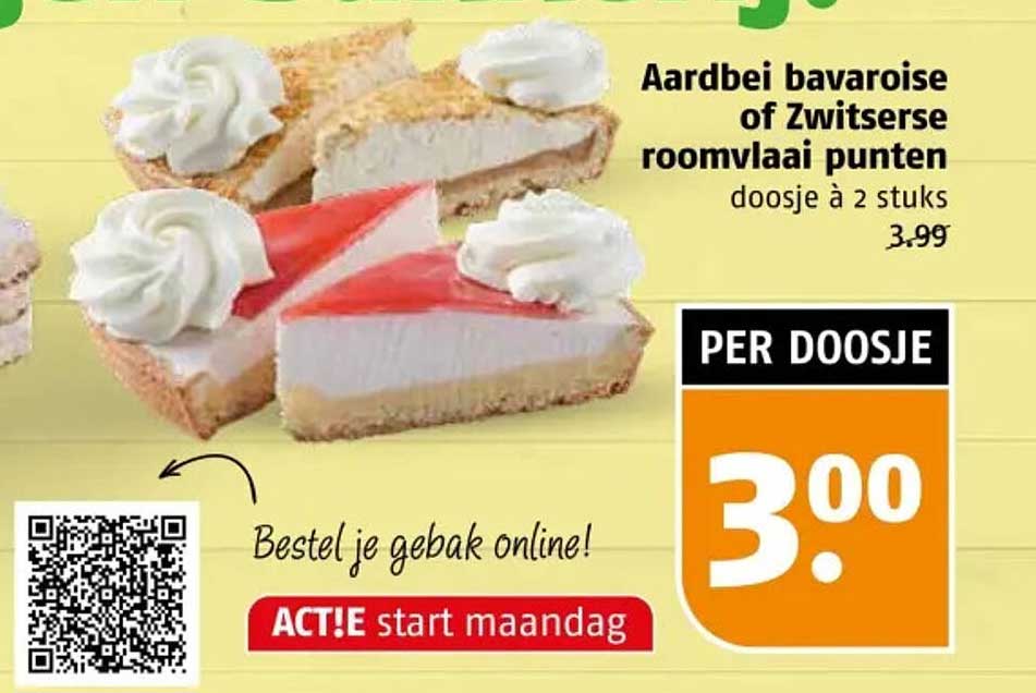 Aardbei bavaroise of Zwitserse roomvlaai punten doosje à 2 stuks