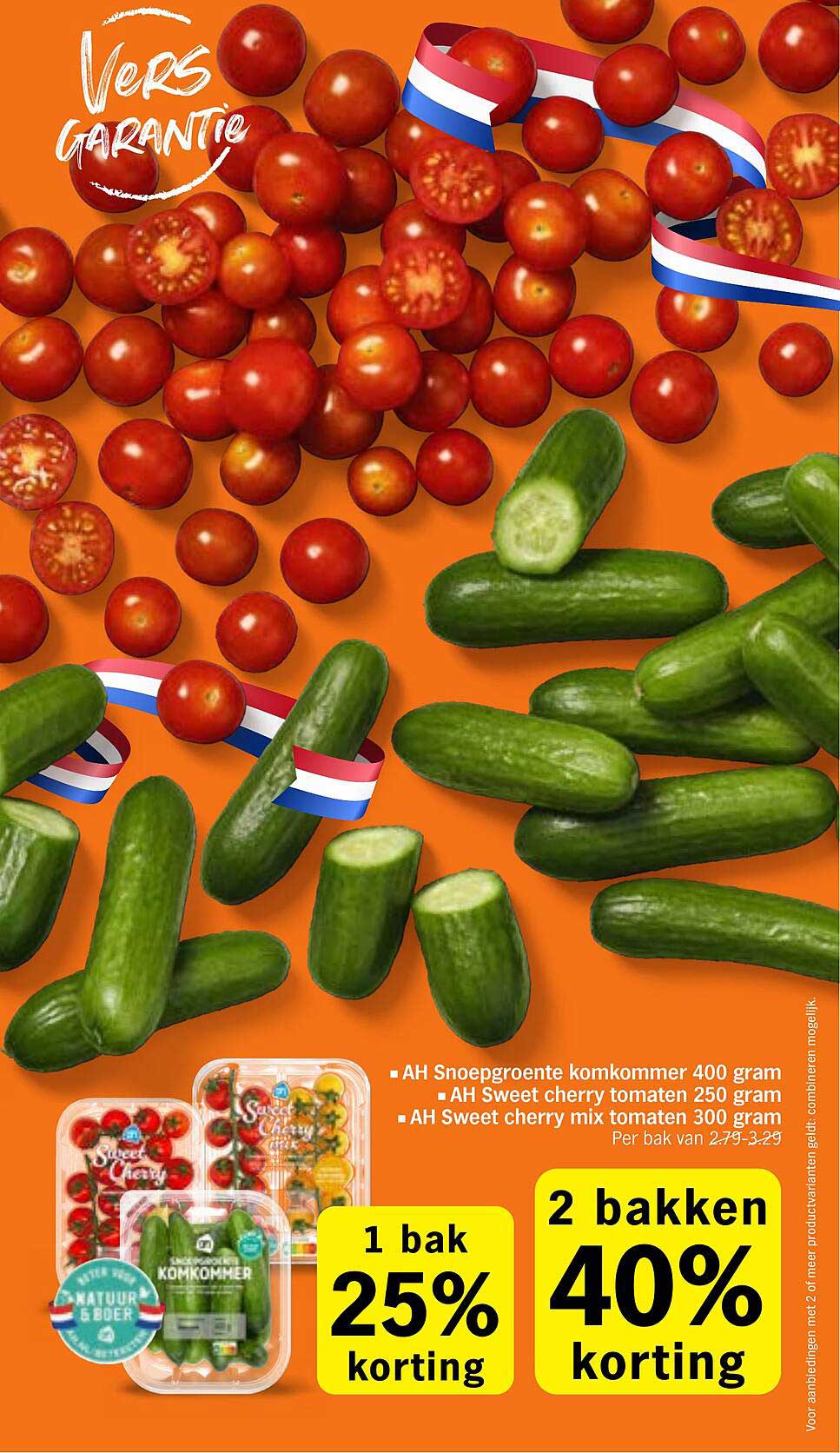 AH Snoepgroente komkommer 400 gram, AH Sweet cherry tomaten 250 gram, AH Sweet cherry mix tomaten 300 gram