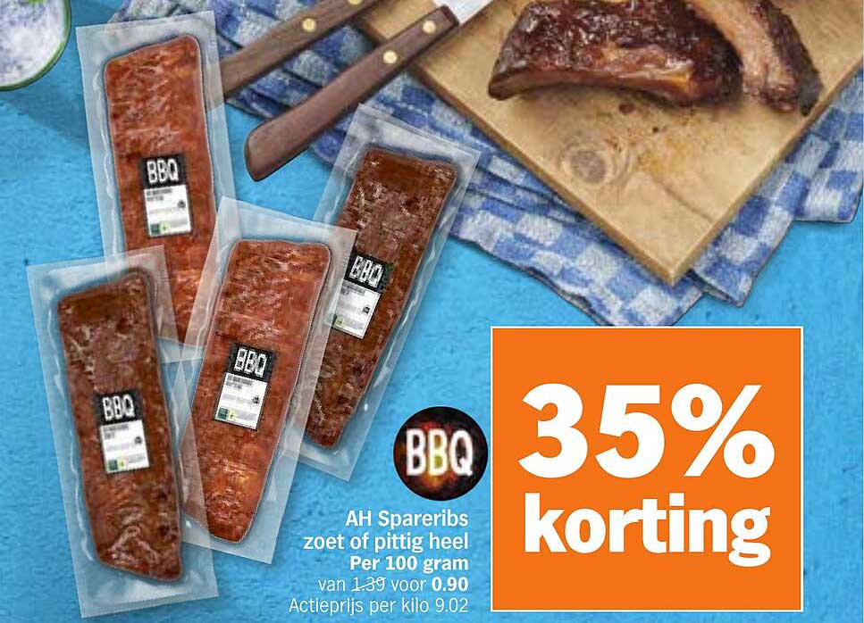 AH Sparerribs zoet of pittig heel Per 100 gram