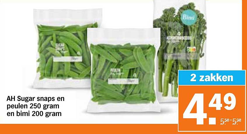 AH Sugar snaps en peulen 250 gram en bimi 200 gram