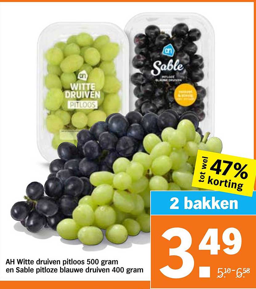 AH Witte druiven pitloos 500 gram en Sable pitloze blauwe druiven 400 gram