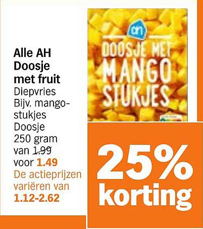 Alle AH Doosje met fruit Diepvries Bijv. mango-stukjes Doosje 250 gram