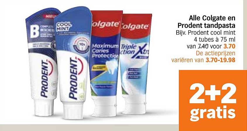 Alle Colgate en Prodent tandpasta, Bijv. Prodent cool mint 4 tubes à 75 ml van 7.40 voor 3.70