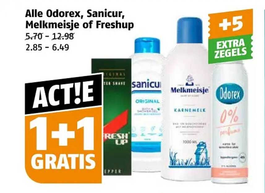 Alle Odorex, Sanicur, Melkmeisje of Freshup 1+1 Gratis