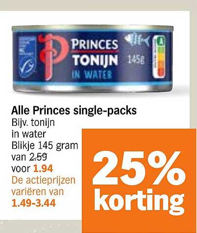 Alle Princes single-packs Bijv. tonijn in water Blikje 145 gram van 2,59 voor 1,94