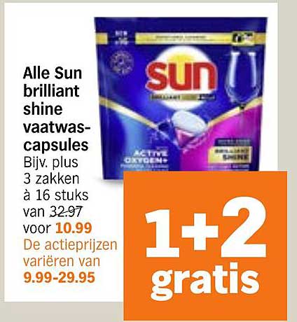 Alle Sun brilliant shine vaatwascapsules Bijv. plus 3 zakken à 16 stuks van 32.97 voor 10.99