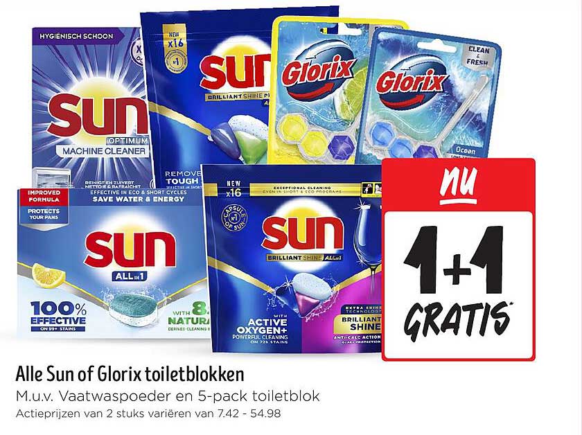 Alle Sun of Glorix toiletblokken M.u.v. Vaatwastabletten en 5-pack toiletblok