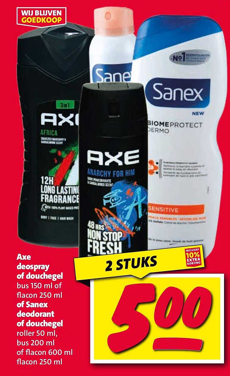 Axe deospray of douchegel bus 150 ml of flacon 250 ml of Sanex deodorant of douchegel roller 50 ml, bus 200 ml of flacon 600 ml flacon 250 ml