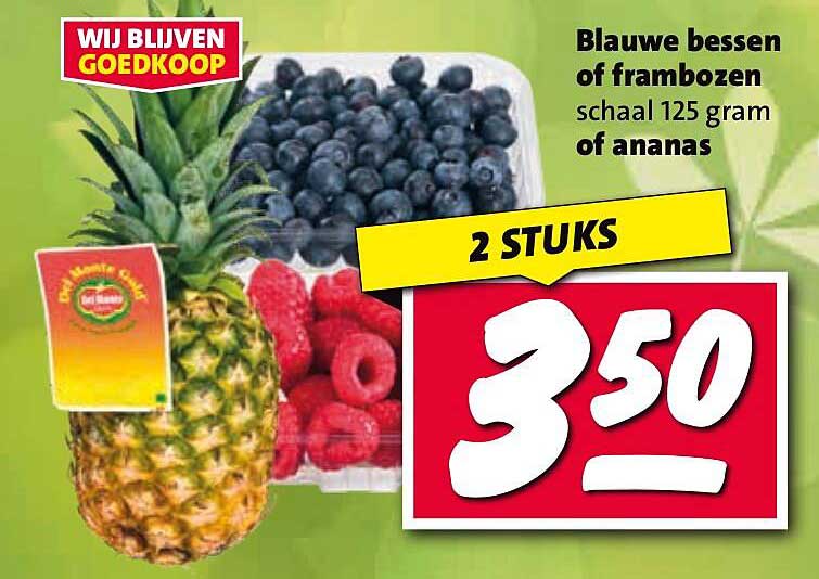 Blauwe bessen of frambozen schaal 125 gram of ananas