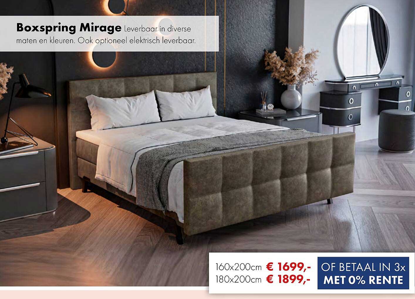Boxspring Mirage Leverbaar in diverse maten en kleuren. Ook optioneel elektrisch leverbaar.
