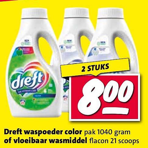 Dreft waspoeder color pak 1040 gram of vloeibaar wasmiddel flacon 21 scoops