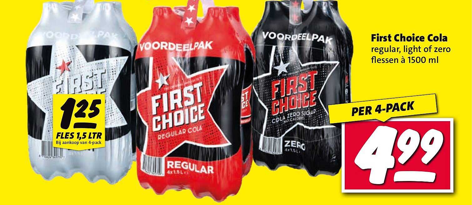 First Choice Cola regular, light of zero flessen à 1500 ml