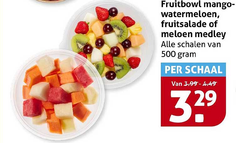 Fruitbowl mango-watermeloen, fruitsalade of meloen medley. Alle schalen van 500 gram