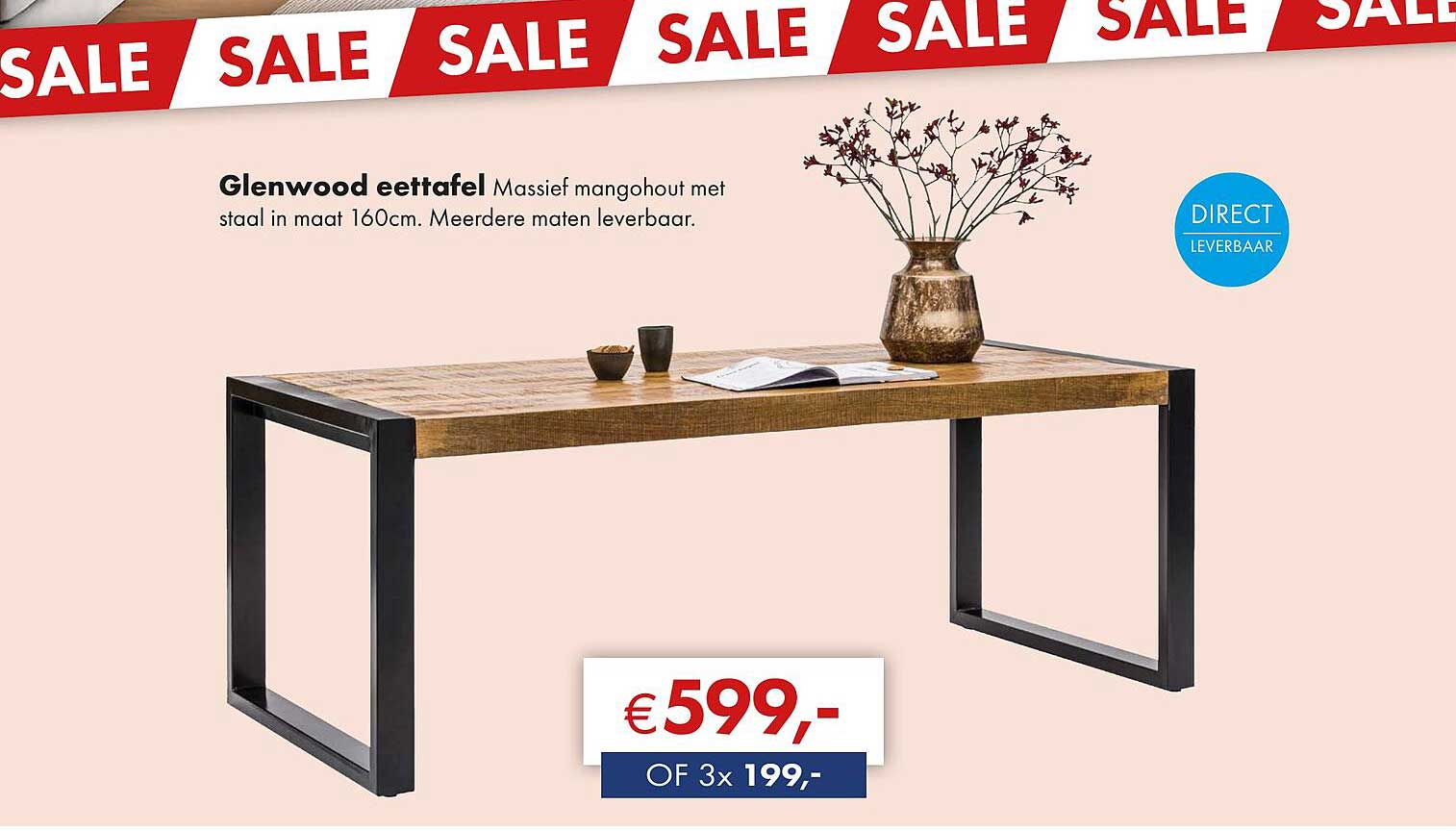 Glenwood eettafel Massief mangohout met staal in maat 160cm. Meerdere maten leverbaar.