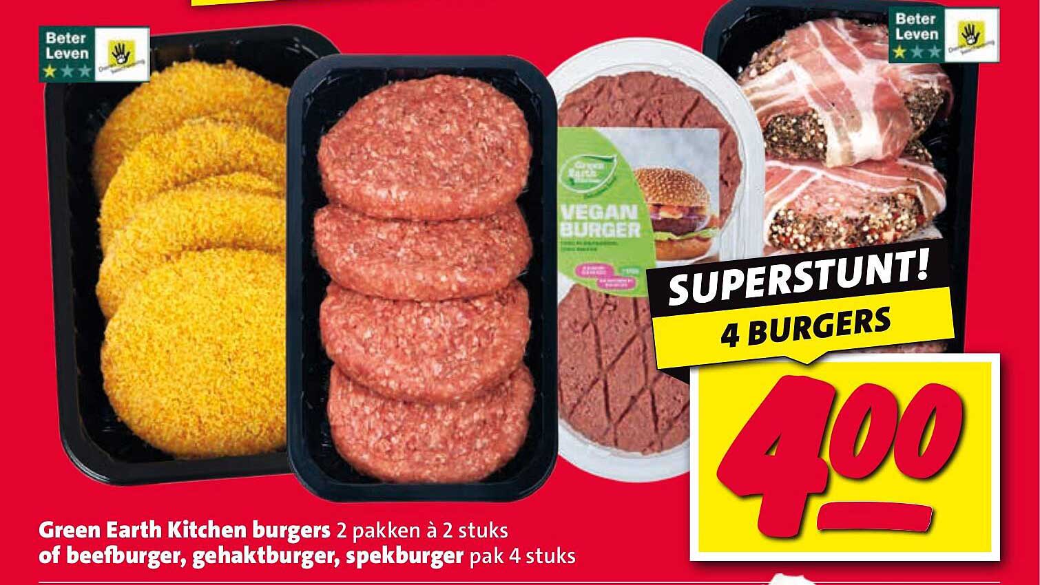 Green Earth Kitchen burgers 2 pakken à 2 stuks of beefburger, gehaktburger, spekburger pak 4 stuks