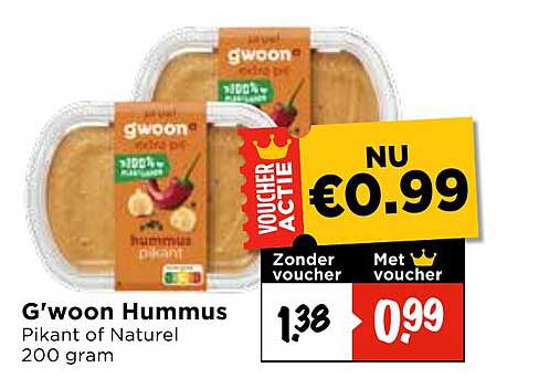 G'woon Hummus Pikant of Naturel 200 gram