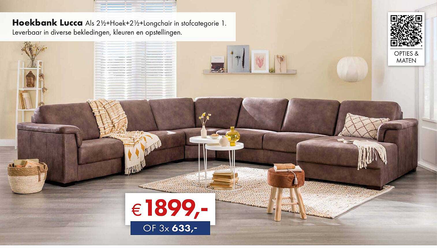 Hoekbank Lucca Als 2½+Hoek+2½+Longchair in stofcategorie 1.
