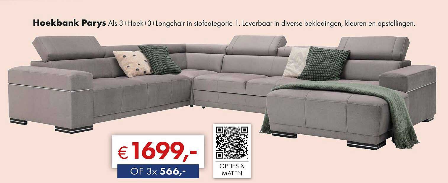 Hoekbank Parys Als 3+Hoek+3+Longchair in stofcategorie 1.
