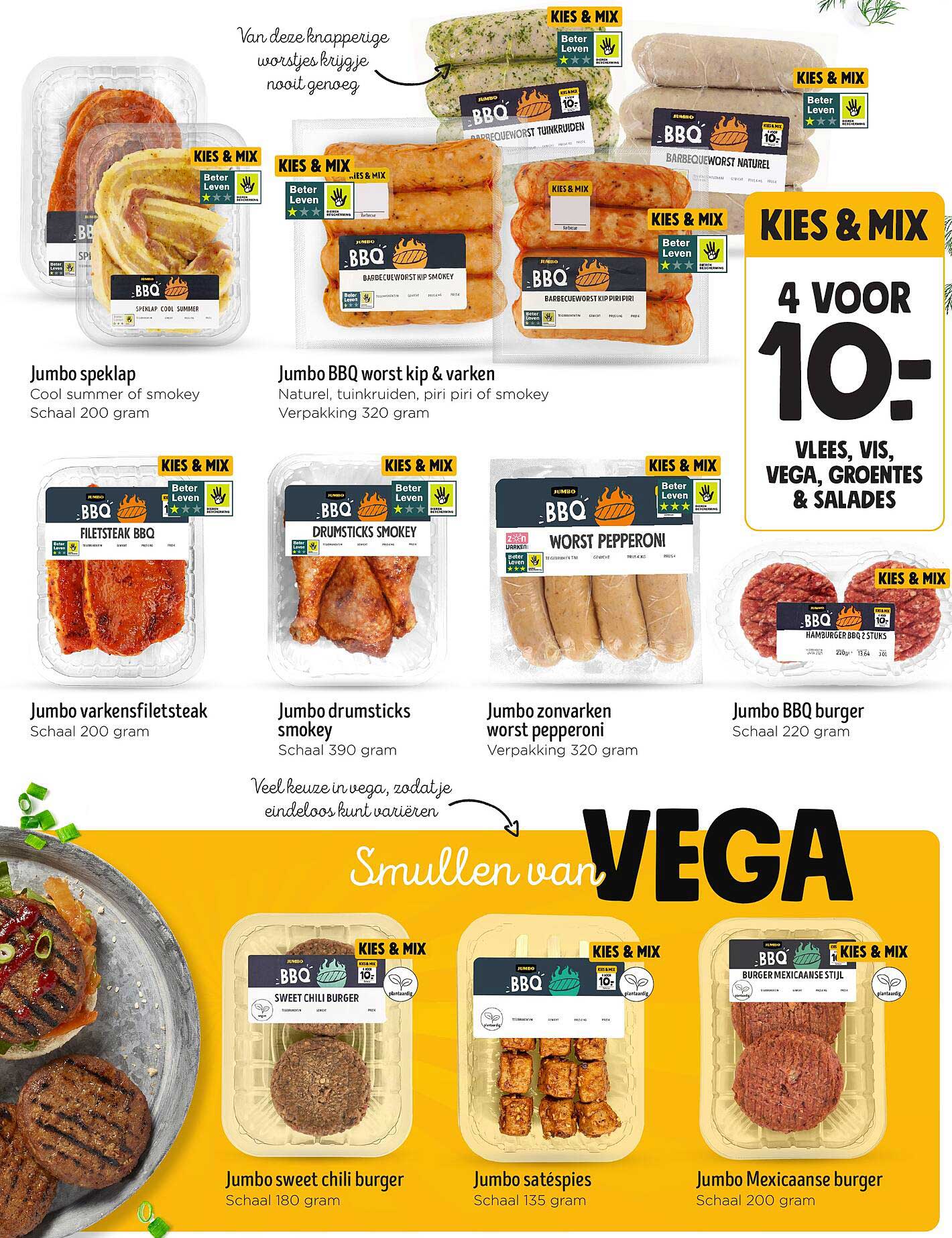 KIES & MIX 4 VOOR 10:- VLEES, VIS, VEGA, GROENTES & SALADES