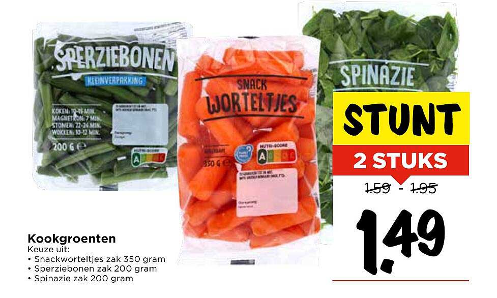 Kookgroenten: Snackworteltjes zak 350 gram, Sperziebonen zak 200 gram, Spinazie zak 200 gram