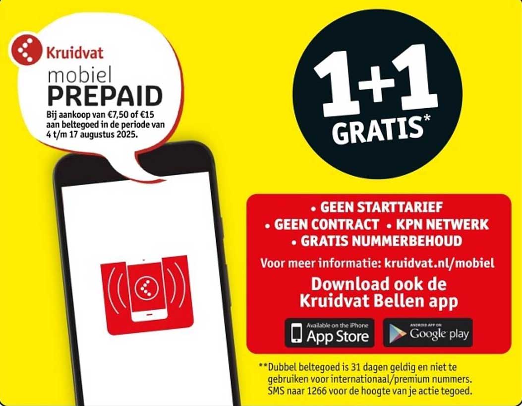 Kruidvat mobiel PREPAID: 1+1 GRATIS