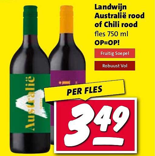 Landwijn Australië rood of Chili rood fles 750 ml OP=OP!