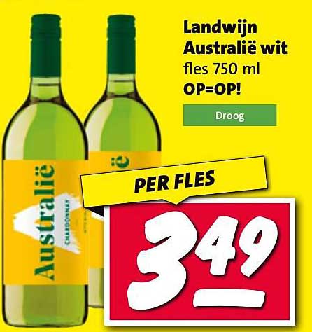 Landwijn Australië wit fles 750 ml OP=OP!