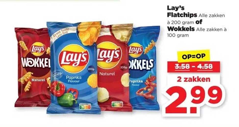 Lay's Flatchips Alle zakken à 200 gram of Wokkels Alle zakken à 100 gram