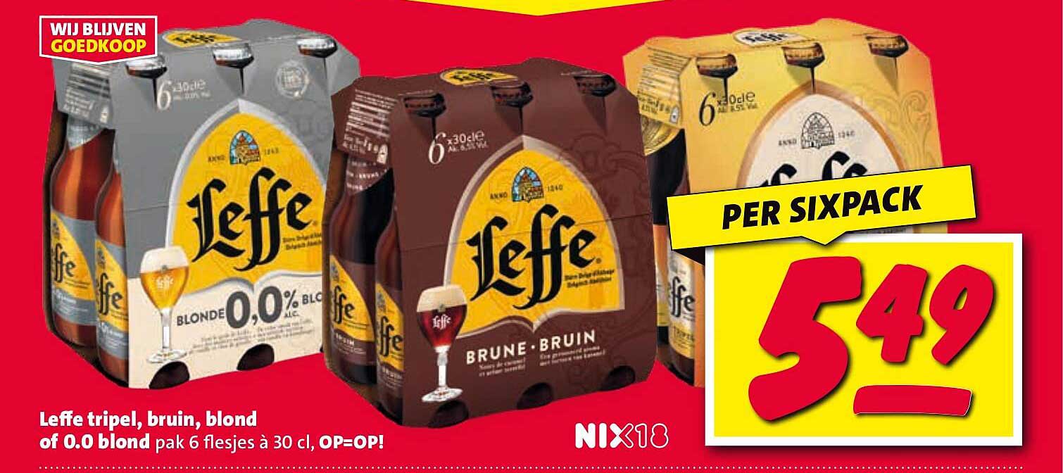 Leffe tripel, bruin, blond of 0.0 blond pak 6 flesjes à 30 cl, OP=OP!