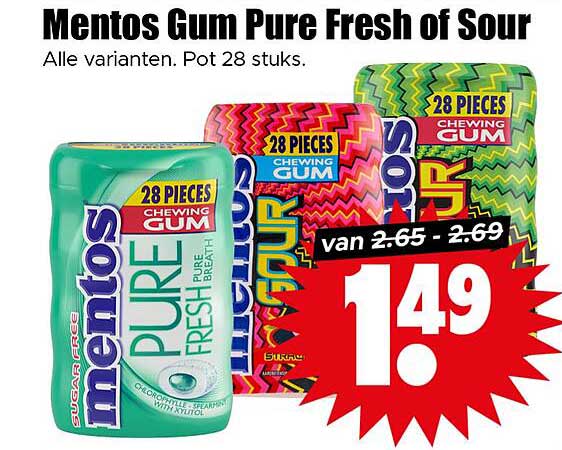 Mentos Gum Pure Fresh of Sour - Alle varianten. Pot 28 stuks.