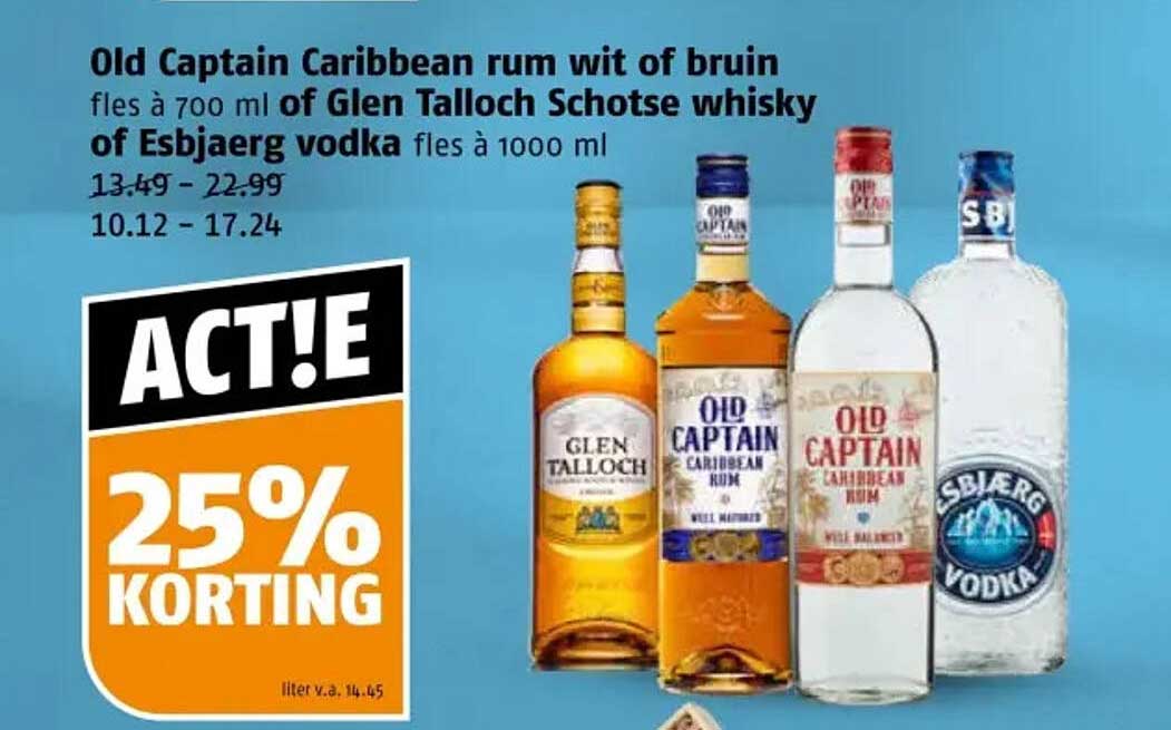 Old Captain Caribbean rum wit of bruin fles à 700 ml of Glen Talloch Schotse whisky of Esbjaerg vodka fles à 1000 ml