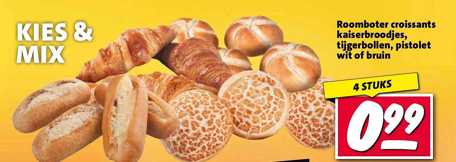 Roomboter croissants kaiserbroodjes, tijgerbollen, pistolet wit of bruin