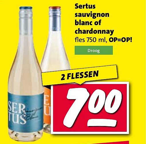 Sertus sauvignon blanc of chardonnay fles 750 ml, OP=OP!