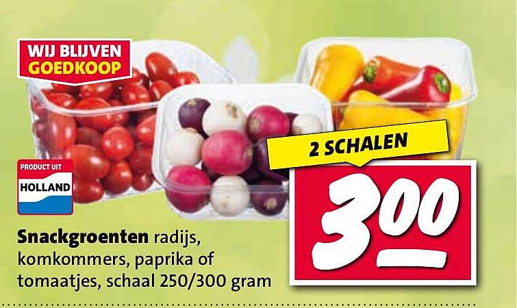Snackgroenten radijs, komkommers, paprika of tomaatjes, schaal 250/300 gram