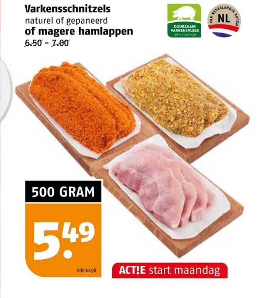 Varkensschnitzels natuur of gepaneerd of magere hamlappen