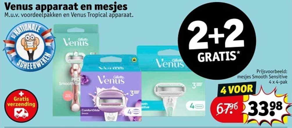 Venus apparaat en mesjes M.u.v. voordeelpakken en Venus Tropical apparaat.