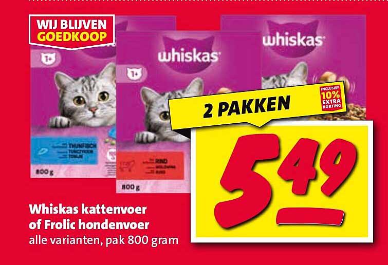Whiskas kattenvoer of Frolic hondenvoer