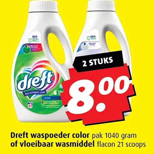 2 Stuks Dreft waspoeder color pak 1040 gram of vloeibaar wasmiddel flacon 21 scoops