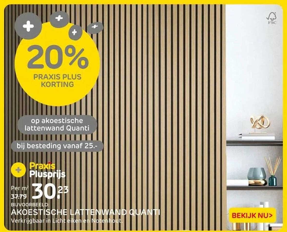 20% PRAKIS PLUS KORTING op akoestische lattenwand Quanti bij besteding vanaf 25.-