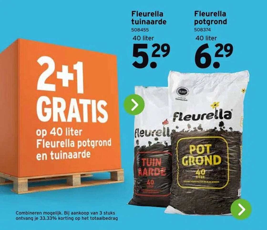 2+1 GRATIS op 40 liter Fleurella potgrond en tuinaarde