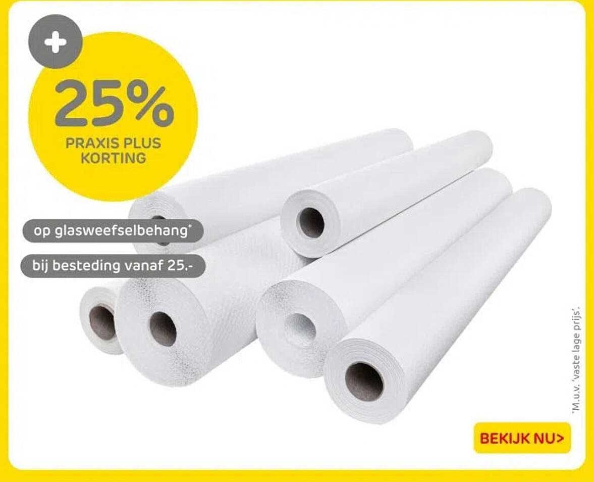 25% PRAKIS PLUS KORTING op glasweefselbehang bij besteding vanaf 25.-